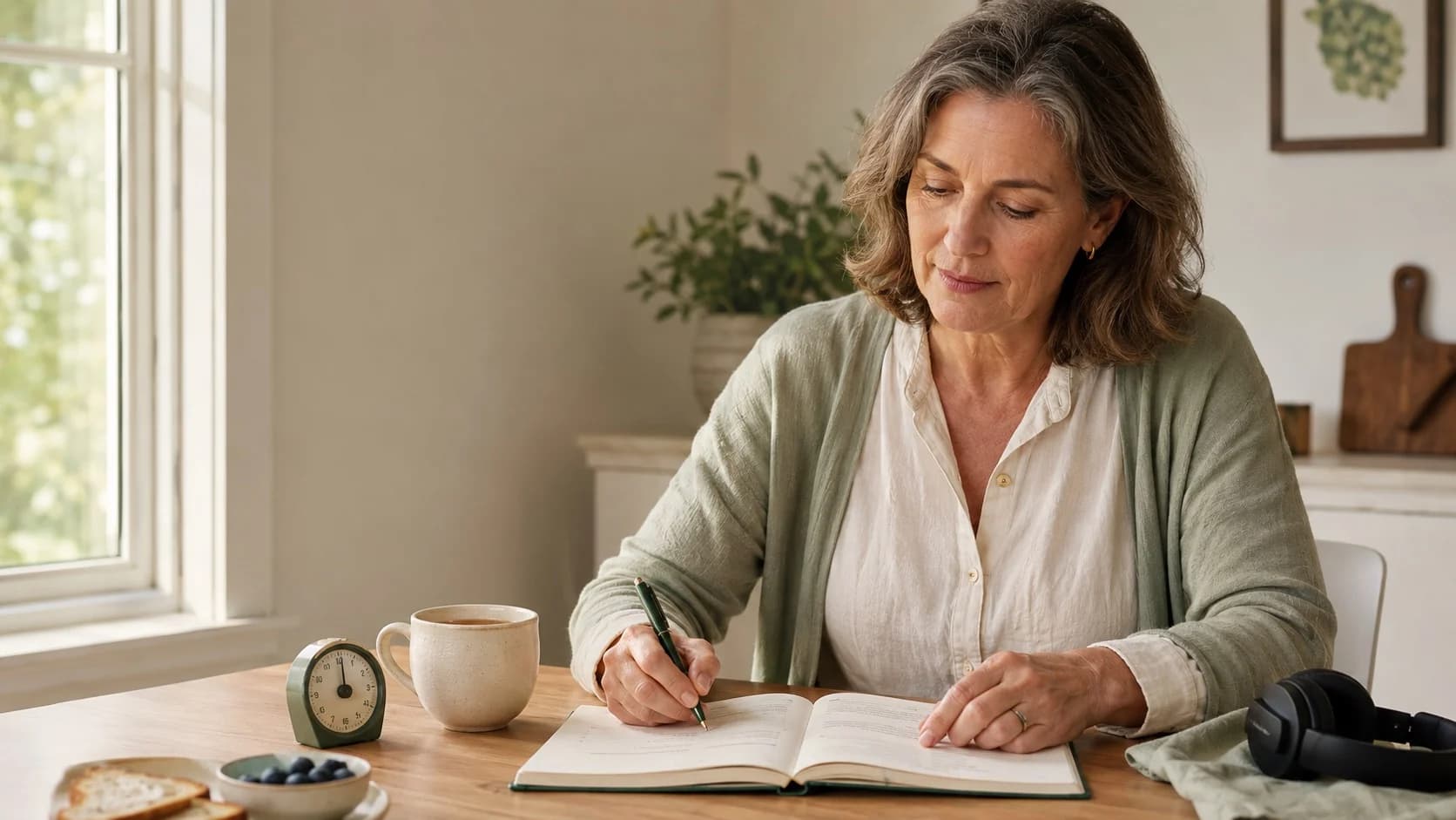 Woman writing in a morning reflection guide beside tea and headphones in a softly lit home.