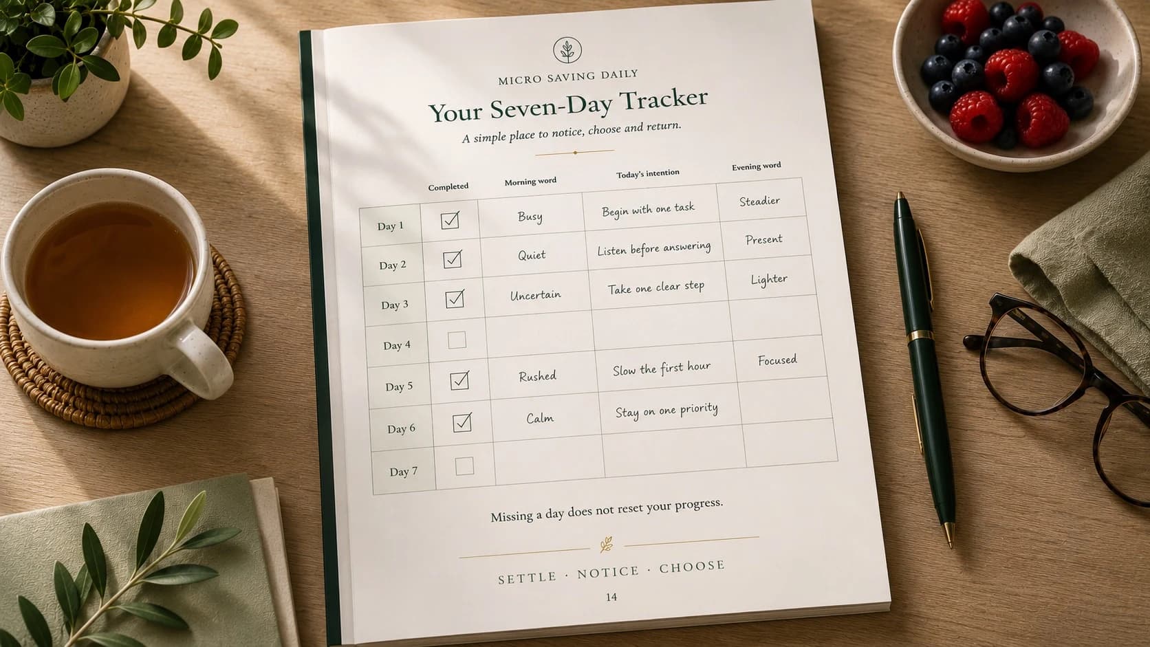 Seven-day routine tracker showing daily intentions and a return after one missed day.