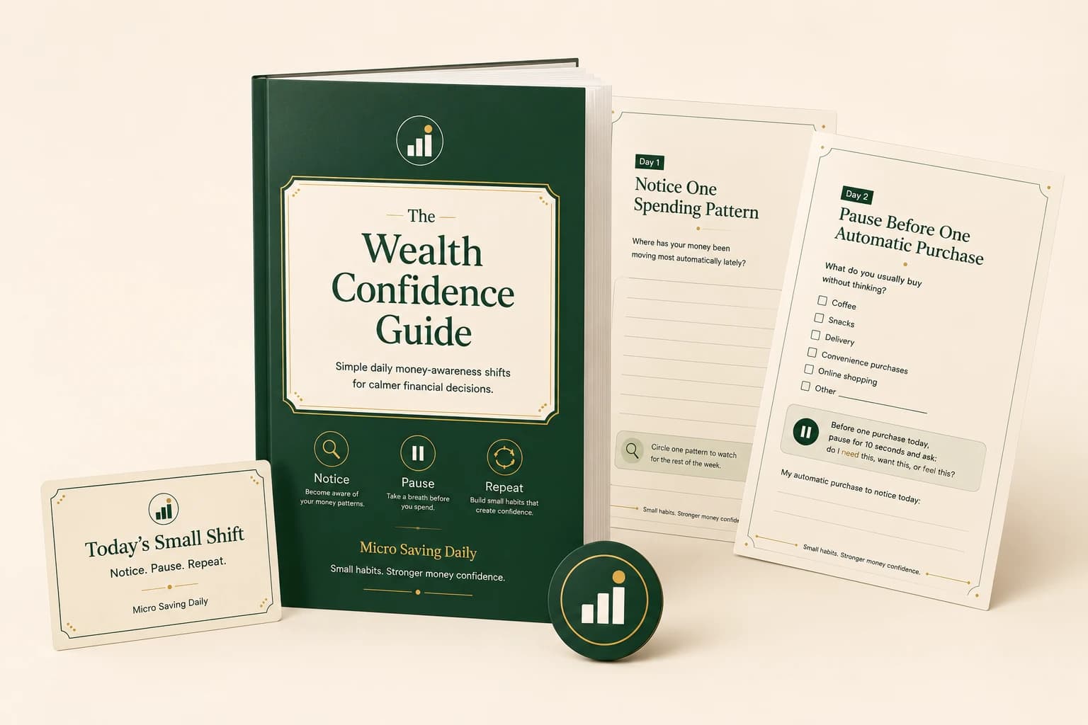 The complete Wealth Confidence Guide bundle shown as a collection of pages and worksheets.