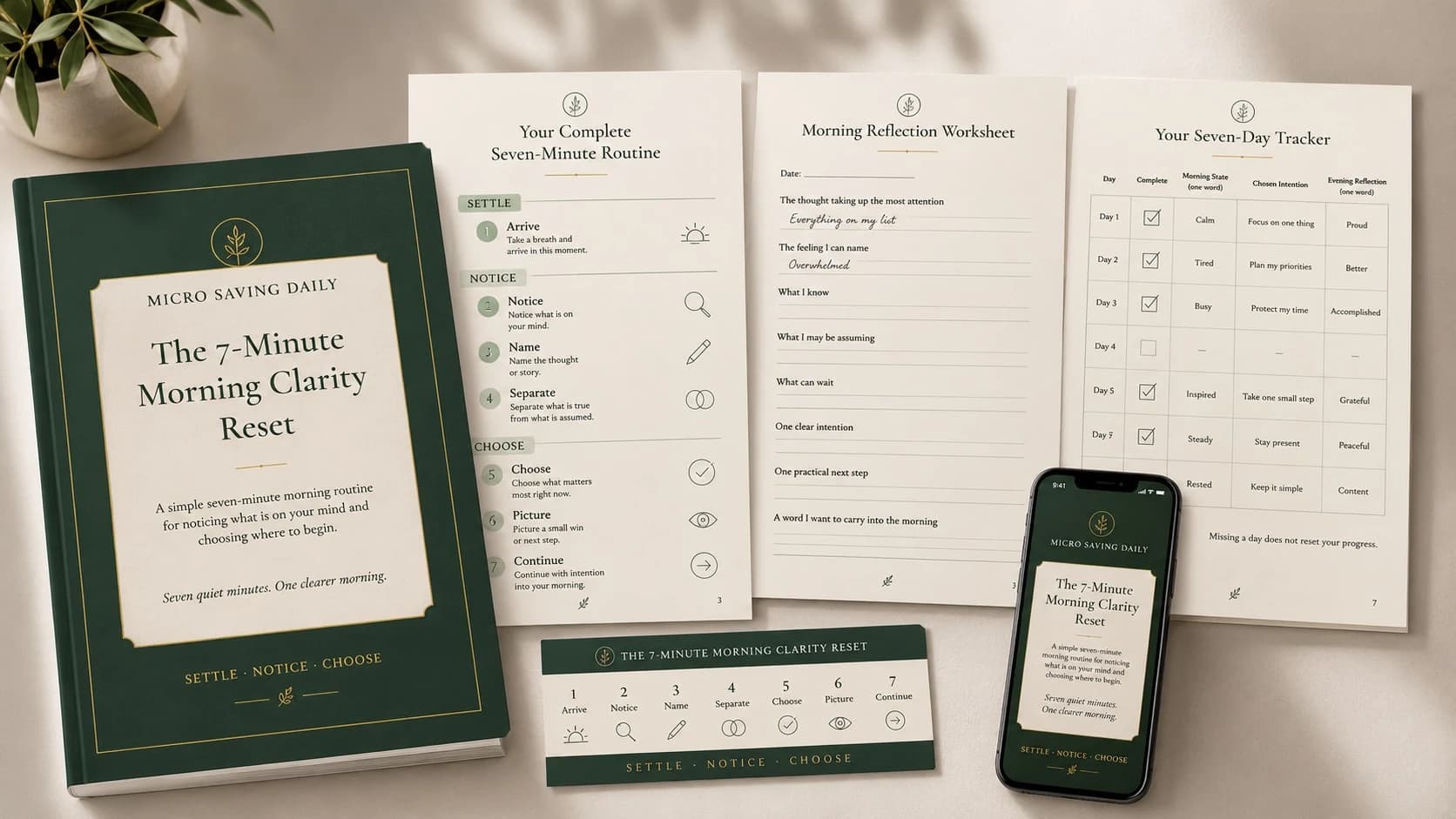 The 7-Minute Morning Clarity Reset shown with its routine overview, worksheet, tracker, routine card and mobile preview.