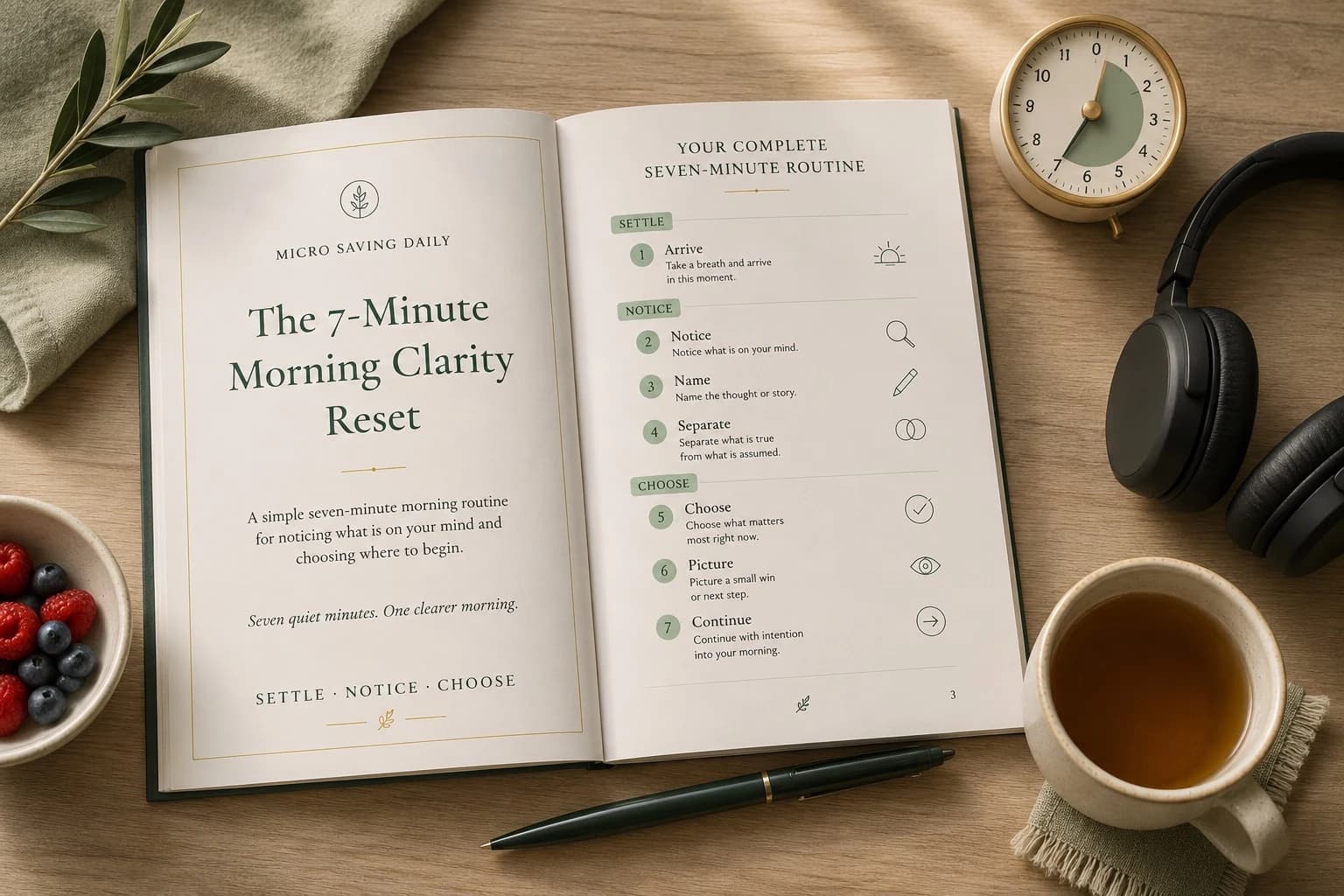 Open seven-minute morning routine guide beside a timer, tea, pen and headphones.