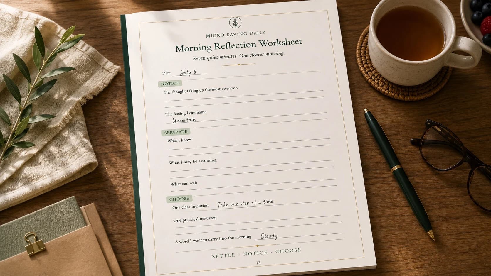Morning reflection worksheet with prompts for a thought, feeling, known facts, one intention and one practical next step.