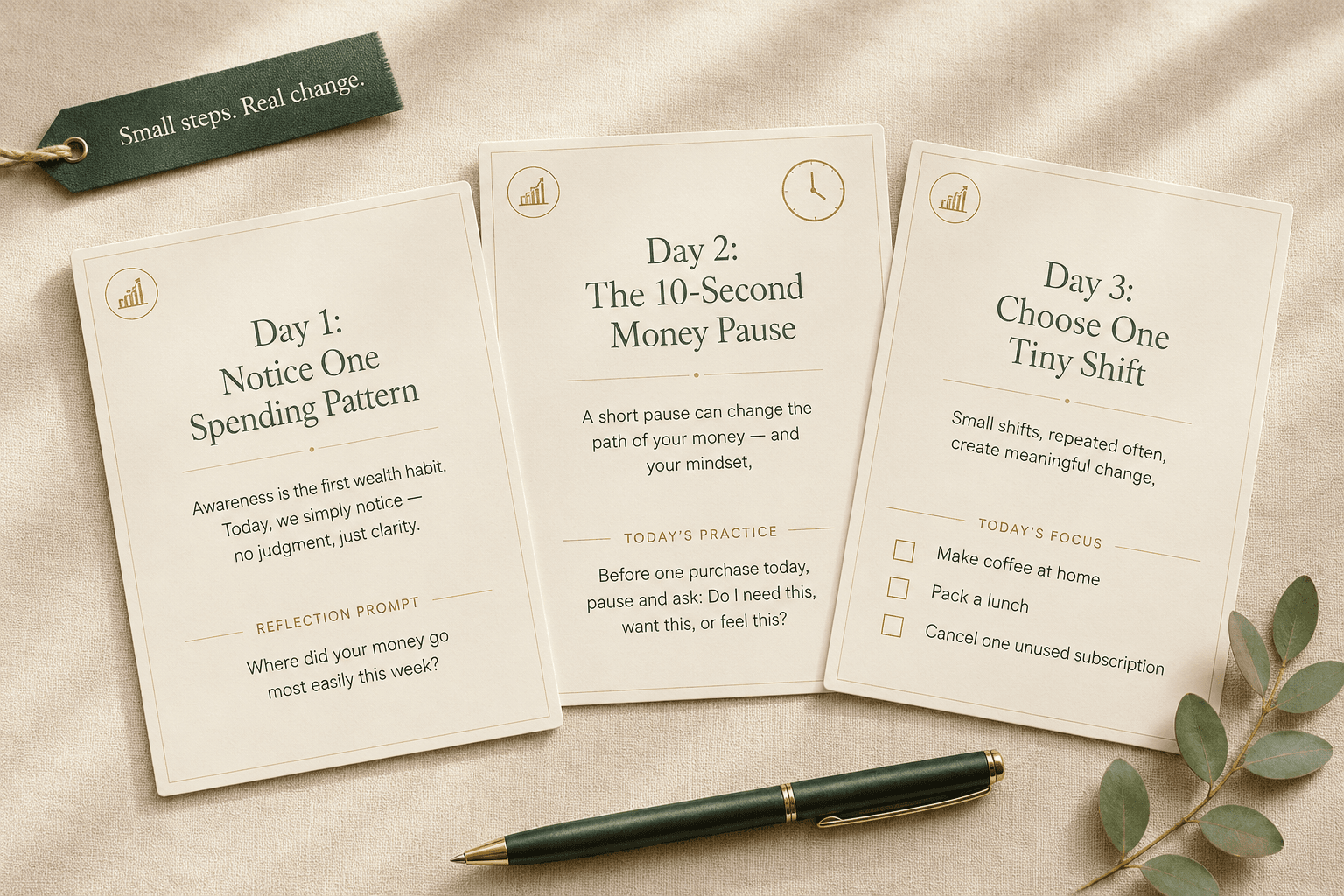 The three day-cards inside The Wealth Confidence Guide, reading Small steps. Real change.