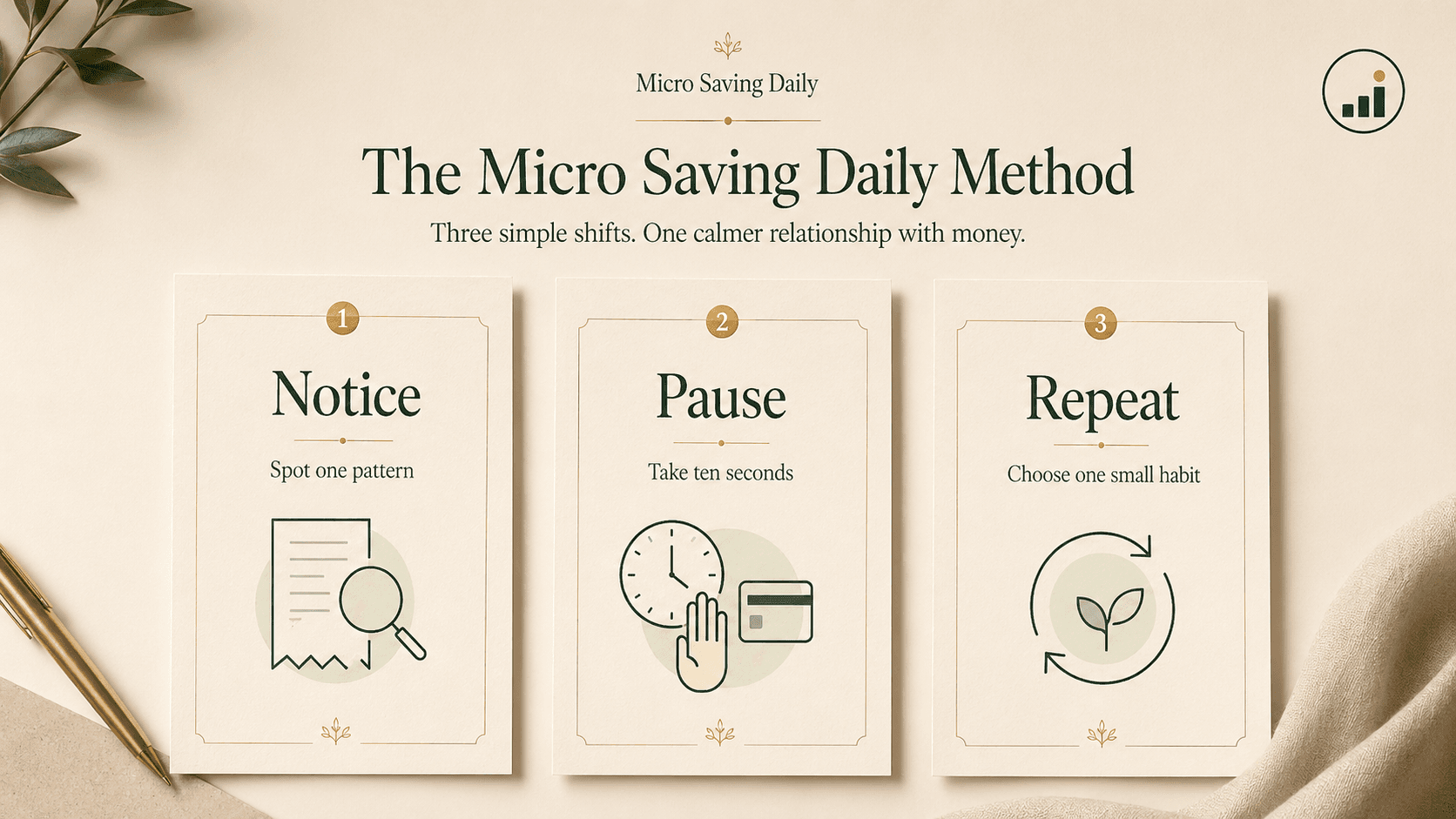 The Notice, Pause, Repeat method shown as three simple daily money shifts
