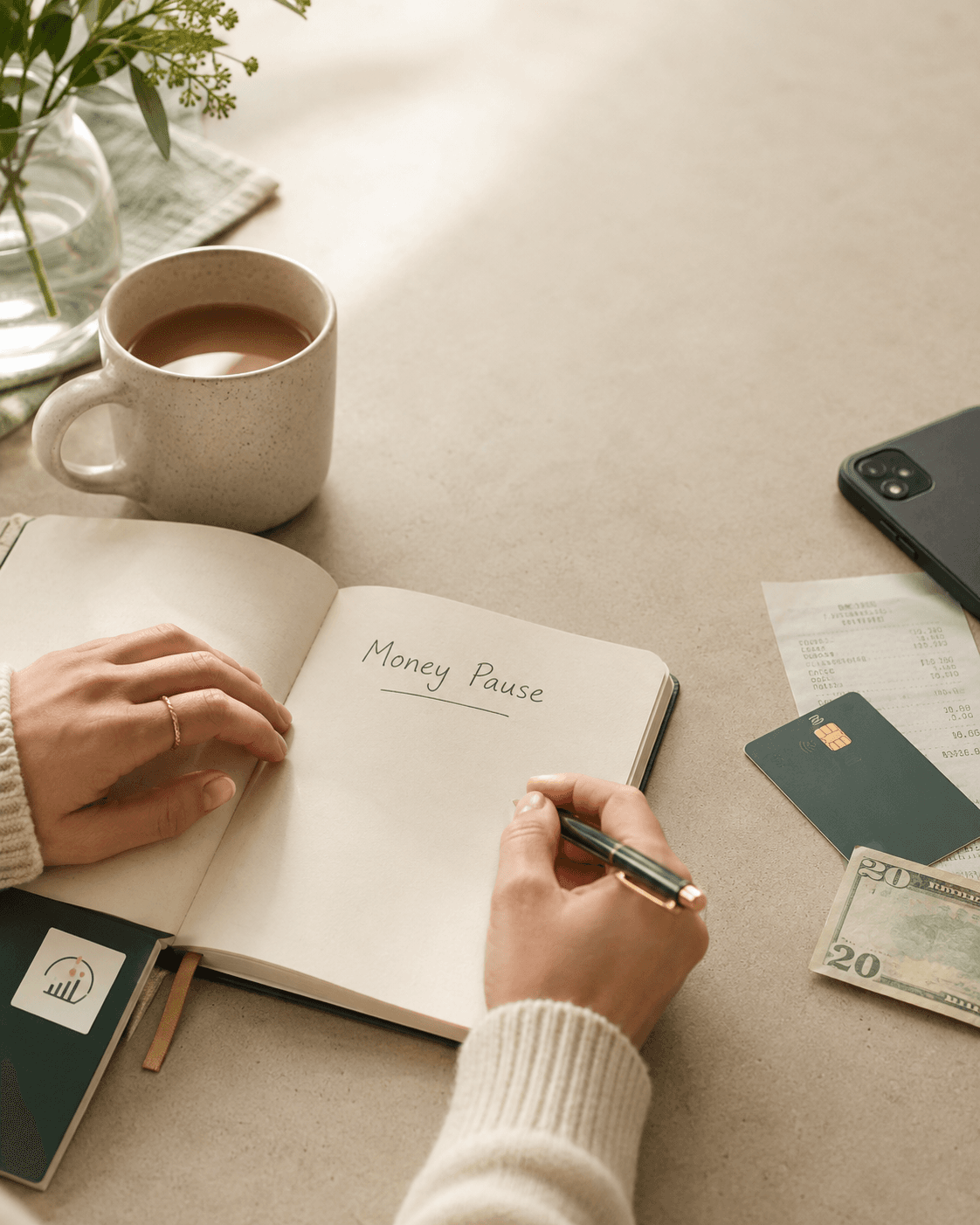 A person writing Money Pause in a notebook beside everyday spending items