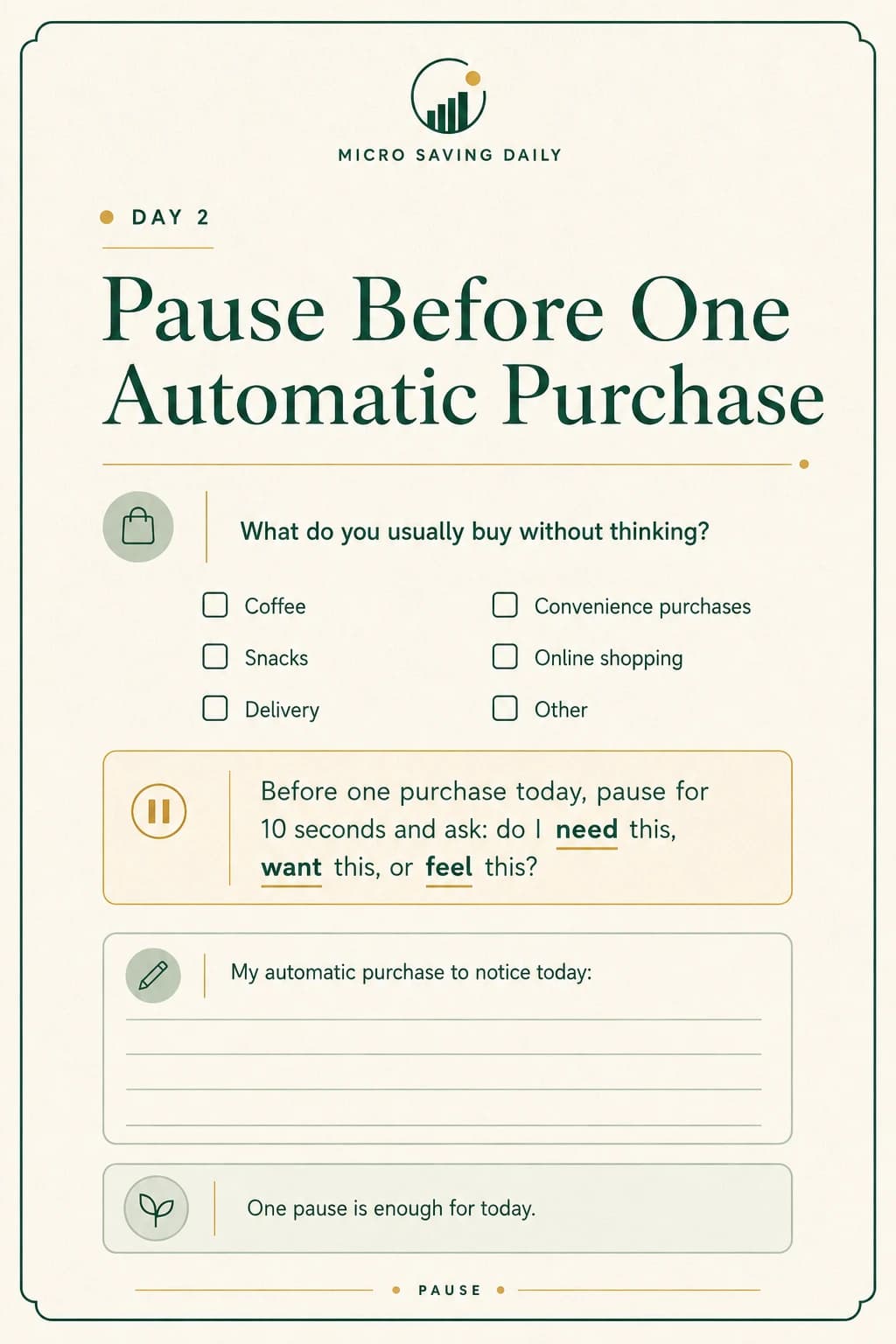Day two worksheet for pausing before an automatic purchase.